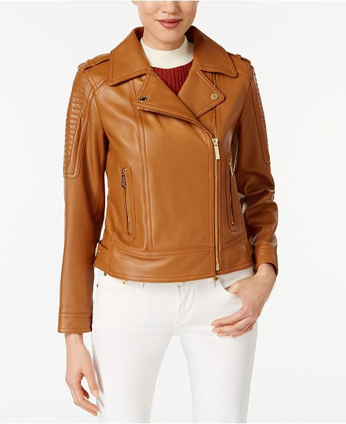 Michael Kors Leather Moto Jacket & Reviews - Coats - Women - Macy&#39;s