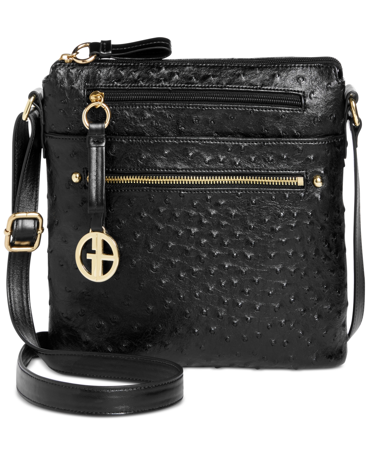 Embossed Faux Ostrich Crossbody, Created for Macy's - Black/Black/Gold