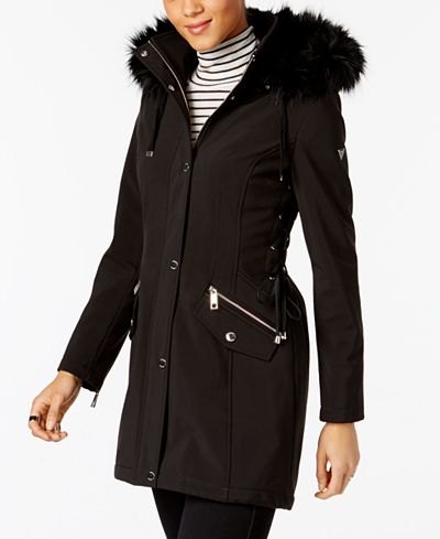 GUESS Faux-Fur-Trim Lace-Up Coat - Coats - Women - Macy's