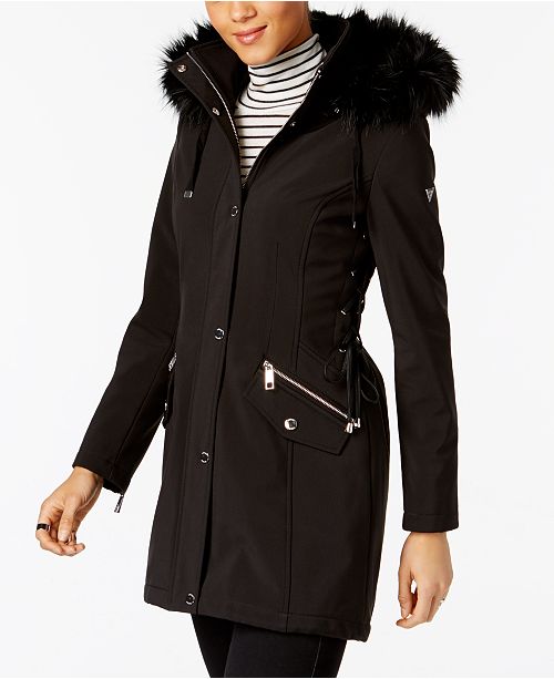 GUESS Faux-Fur-Trim Lace-Up Coat - Coats - Women - Macy&#39;s