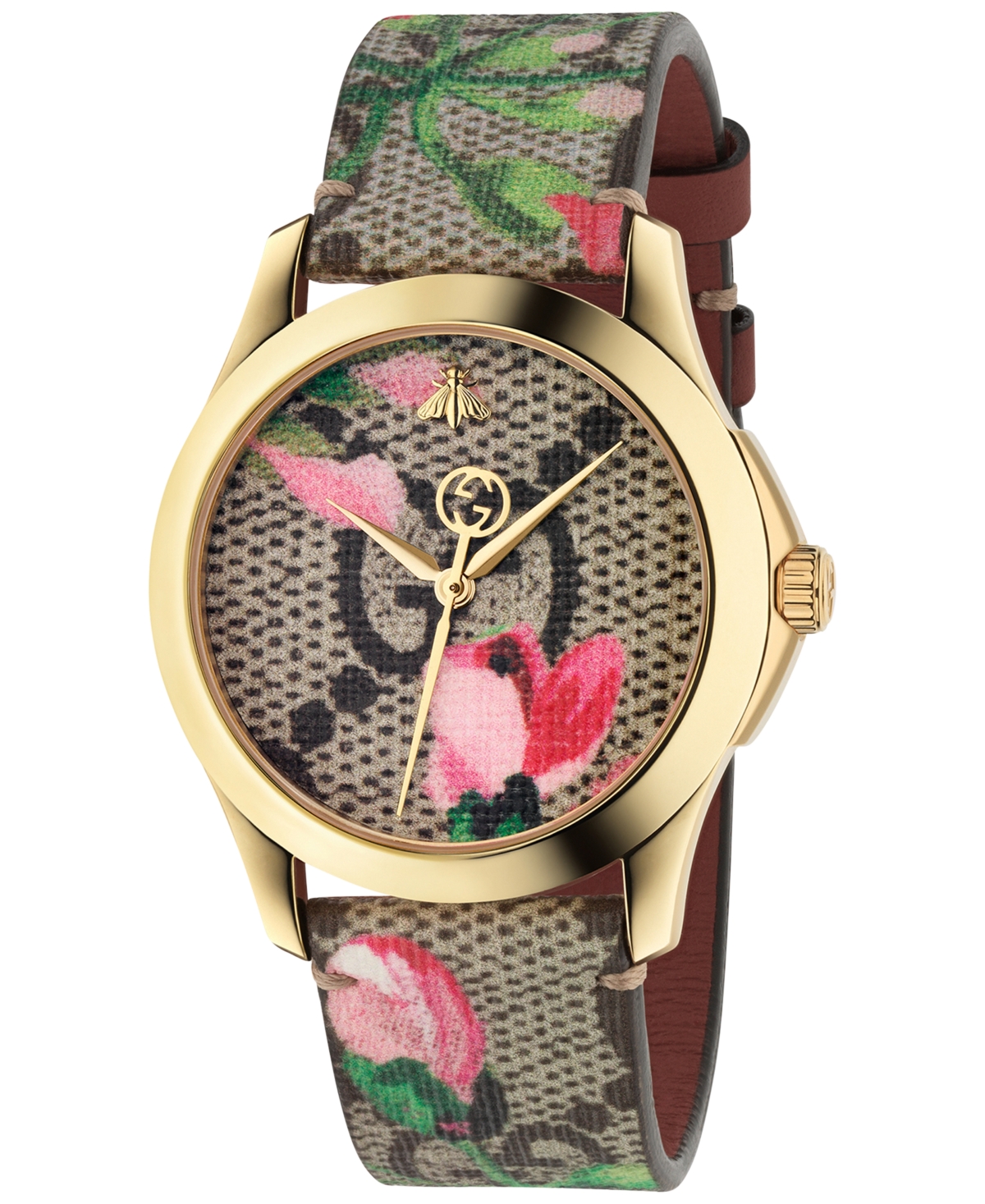 Shop Gucci G-timeless Pink Blooms Canvas Strap Watch 38mm In Gold
