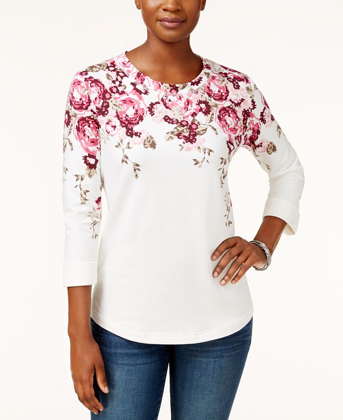 Karen Scott Womens Petite Ditsy Floral Striped Pocket Top Red Size Petite Large 1 main image 0