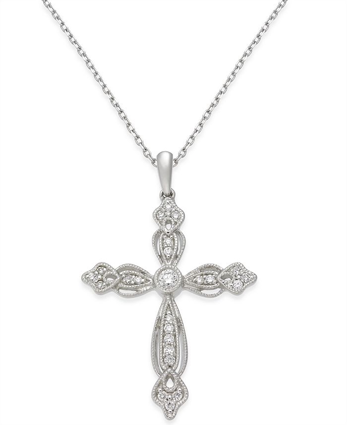 Macy's - Diamond Fancy Cross Pendant Necklace (1/5 ct. t.w.) in 14k White Gold