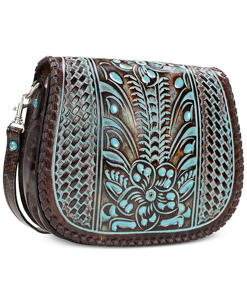 Patricia Nash Savini Turquoise Tooled Leather Saddle Bag Handbags