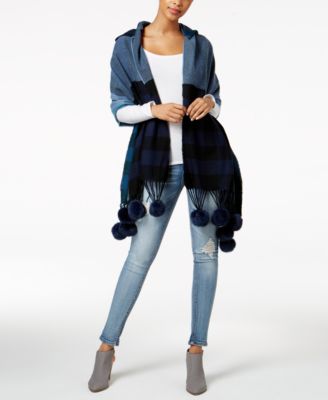 Echo - Fur-Pom-Pom Hooded Plaid Wrap