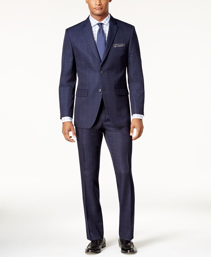 Perry Ellis Men's Slim-Fit Blue Windowpane Suit - Macy's