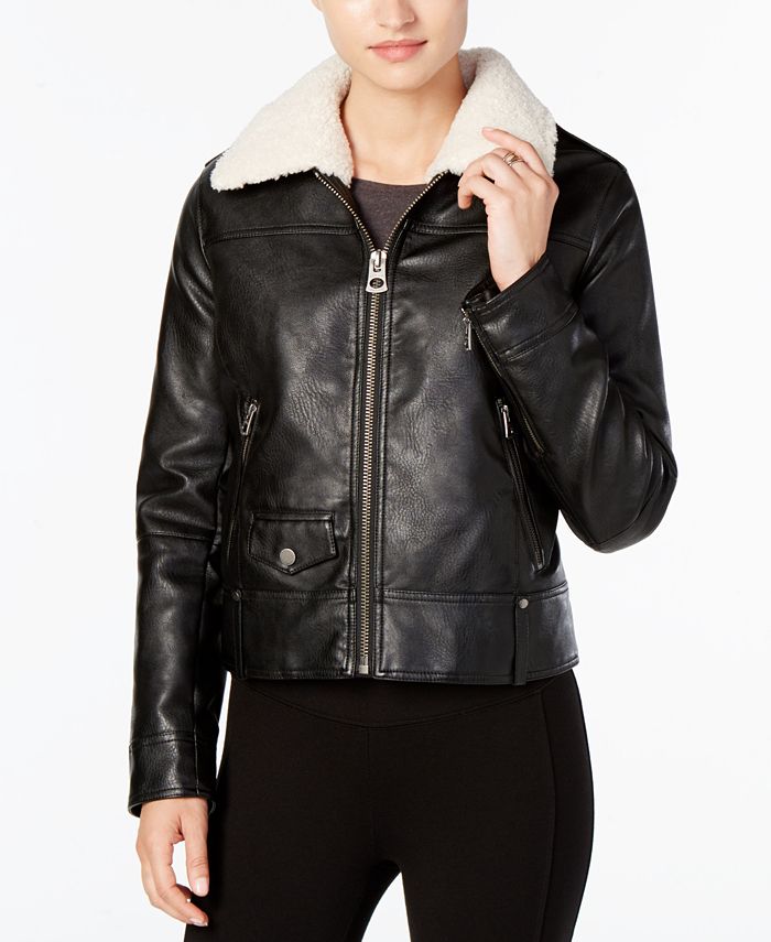 Lucky Brand Faux-Fur-Collar Faux-Leather Moto Jacket - Macy's