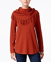 new directions petite cowl neck fringe pullove