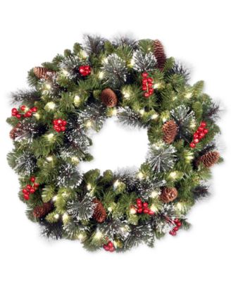 National Tree Company 24" Crestwood Spruce Wreath With Silver Bristle, Pine Cones, Berries, Glitter & 50 LED Lights