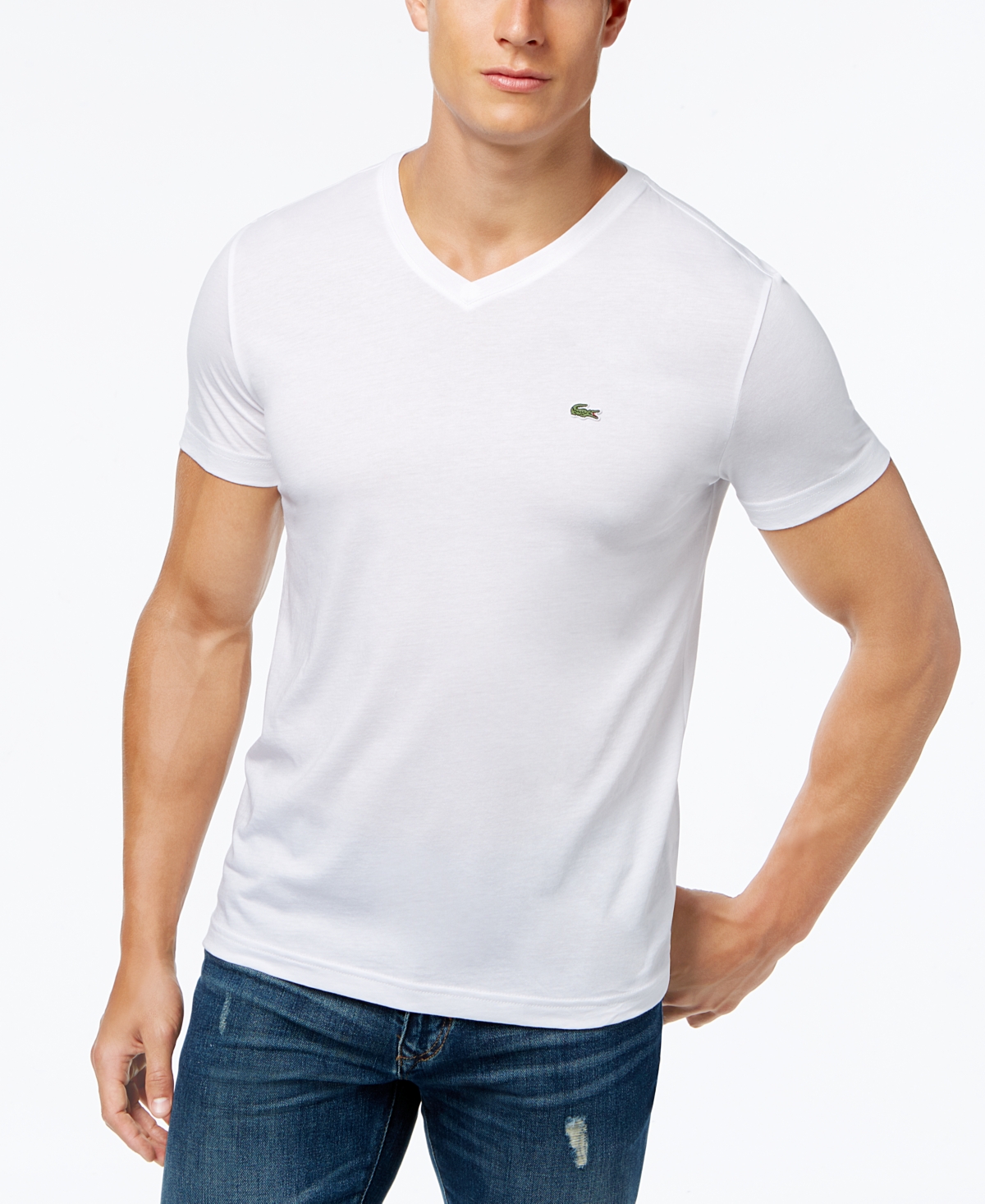 Shop Lacoste Men's  Classic V-neck Soft Pima Cotton Tee Shirt In White
