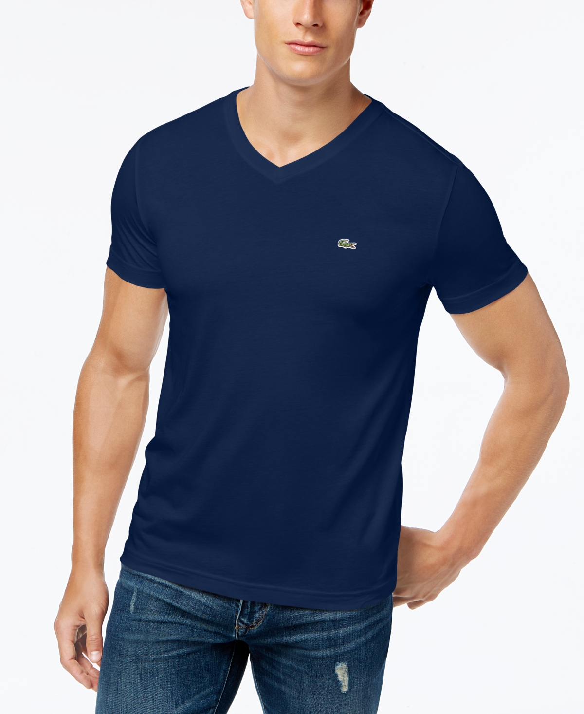Lacoste Men's  Classic V-neck Soft Pima Cotton Tee Shirt In Navy