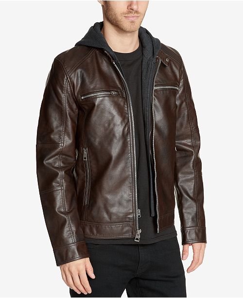 GUESS Men&#39;s Faux-Leather Detachable-Hood Motorcycle Jacket & Reviews - Coats & Jackets - Men ...
