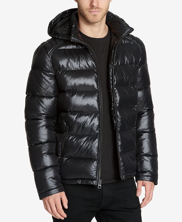 guess men's hooded puffer coat yellow
