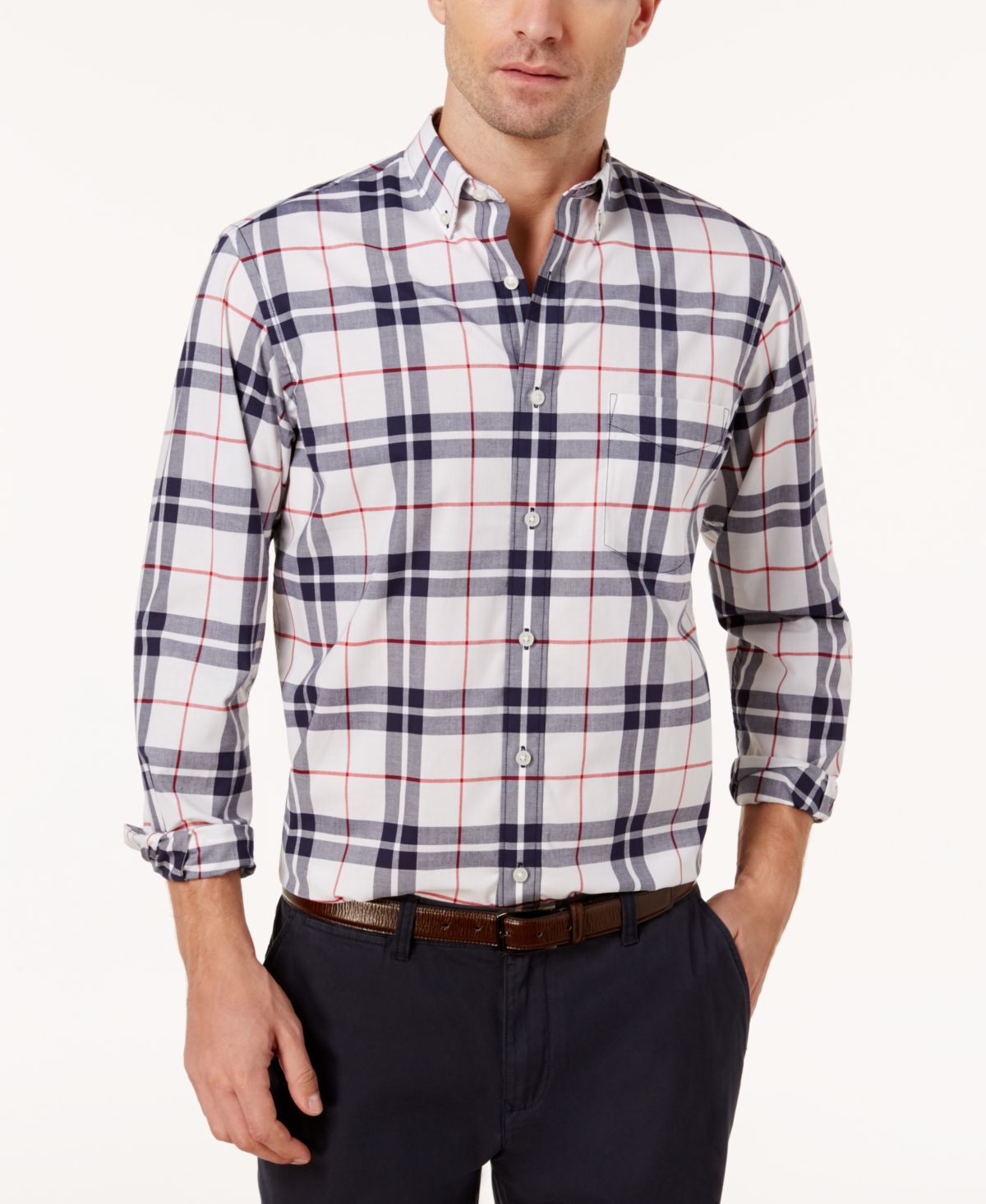 Men's Perry Plaid Stretch Shirt with Pocket, Created for Macy's - Mostrich
