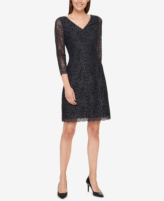 Tommy Hilfiger Women's Lace Sleeve a Line Dress Black Size 2 P