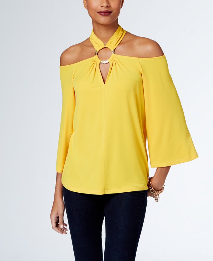 Michael Kors Womens Yellow Embellished Sleeveless Halter Top