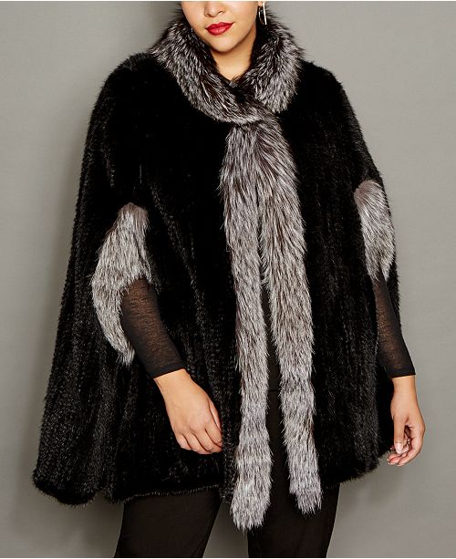 The Fur Vault Plus Size Fox Trim Knitted Mink Fur Cape Reviews