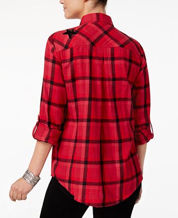 Lauren Ralph Lauren Jean Co Plaid Cotton Long Sleeve Tee Top Cowl Neck Red  XL 