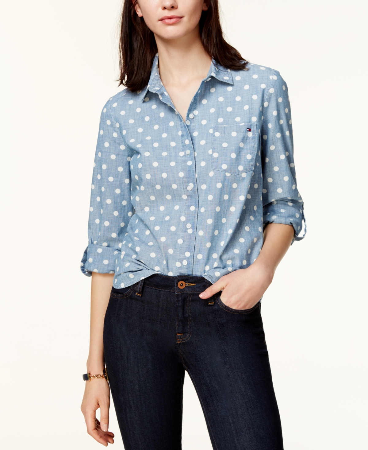 Women's Cotton Printed Roll-Tab Utility Shirt - Chambray Blue