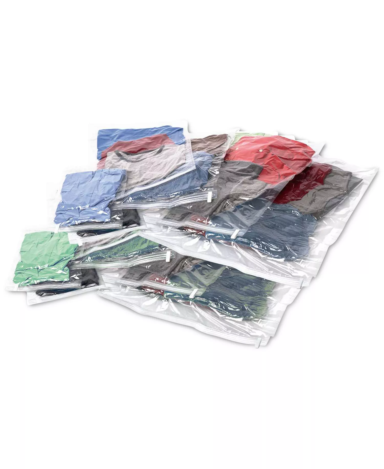 A variety of clothing items in clear compression bags