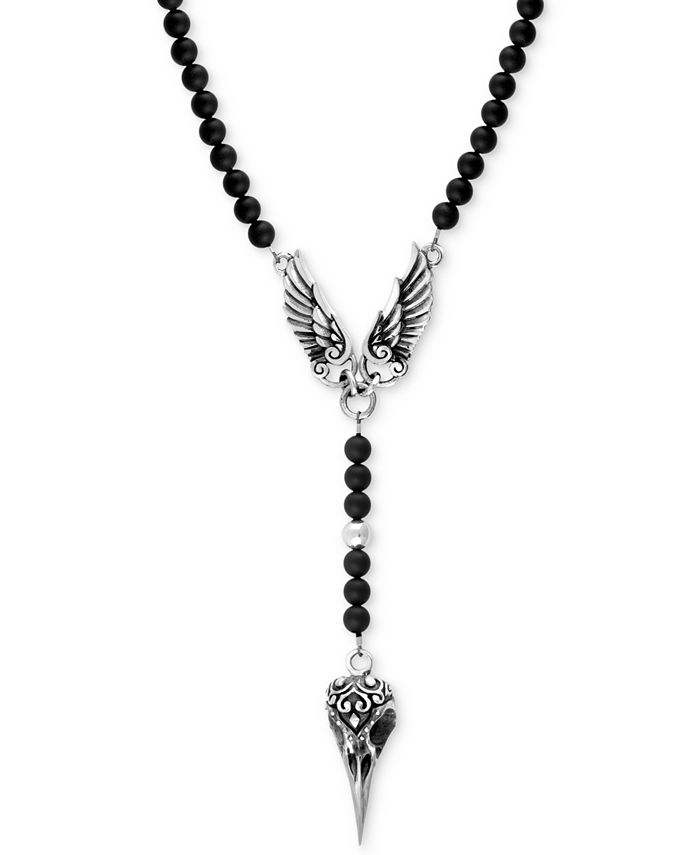 King Baby Men s Onyx Beaded Wing and Raven Skull Pendant Necklace