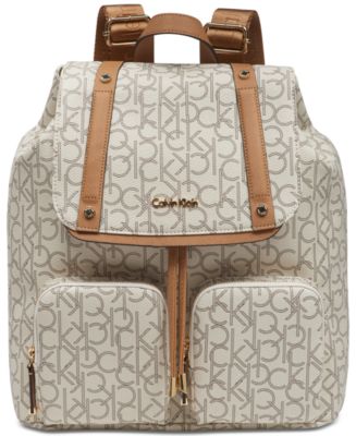 Calvin Klein Women's CK Signature Backpack Luggage Bag Brown Khaki  Gold Logo