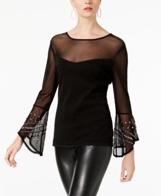 INC International Concepts - Petite Illusion Mesh Bell-Sleeve Top