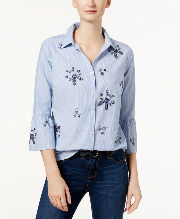 Charter Club Cotton Embellished Bell-Sleeve Shirt, Created for Macy's ...