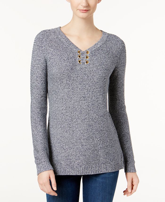 Charter Club Petite Marled Grommet Sweater, Created for Macy's - Macy's