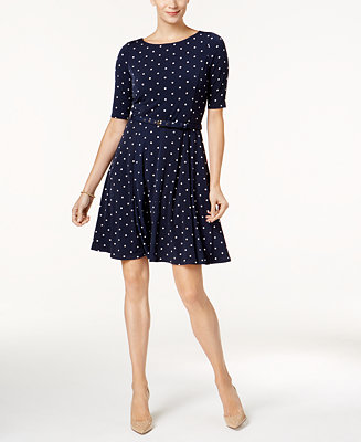 Charter Club Petite Belted Dot-Print Fit & Flare Dress, Created for ...