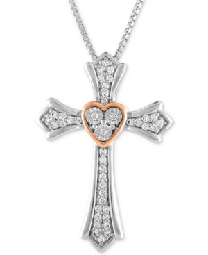 image of Diamond Cross Pendant Necklace (1/10 ct. t.w.) in Sterling Silver & 14k Rose Gold