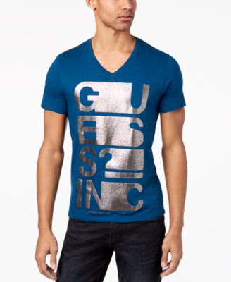 GUESS - Men's Text Stretch Metallic Logo-Print V-Neck T-Shirt