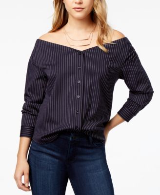 kensie - Off-The-Shoulder Pinstripe Shirt