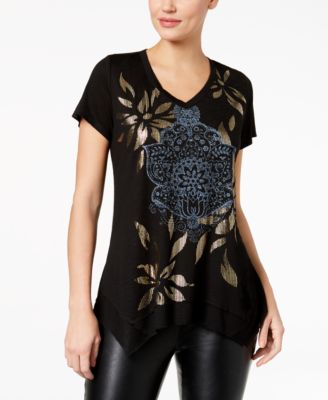 Style & Co - Foil-Print Handkerchief-Hem T-Shirt, Created for Macy's