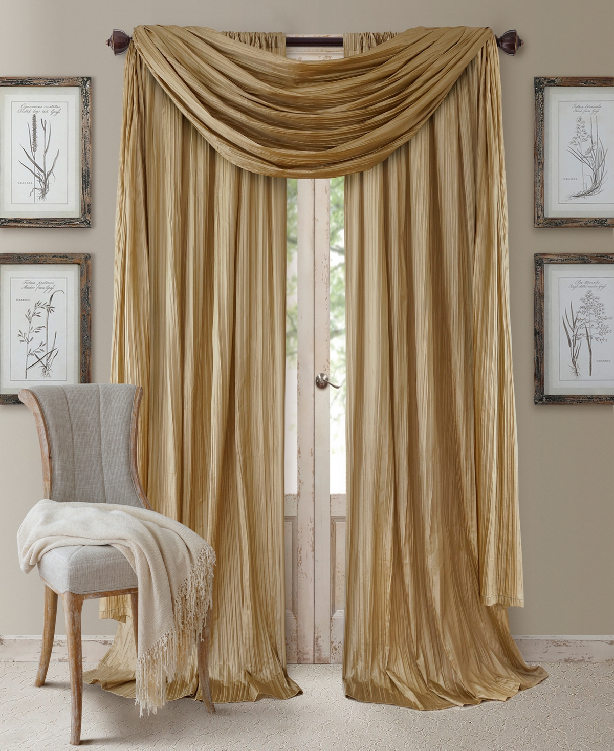 Elrene Athena Rod Pocket 52" X 84" Pair Of Curtain Panels With Scarf Valance, Set Of 3 In Gold