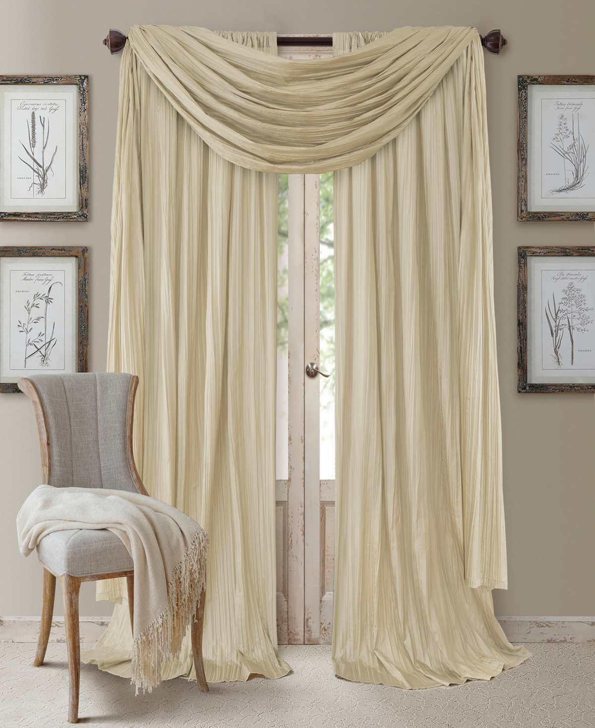 Elrene Athena Rod Pocket 52" X 95" Pair Of Curtain Panels With Scarf Valance, Set Of 3 In Ivory