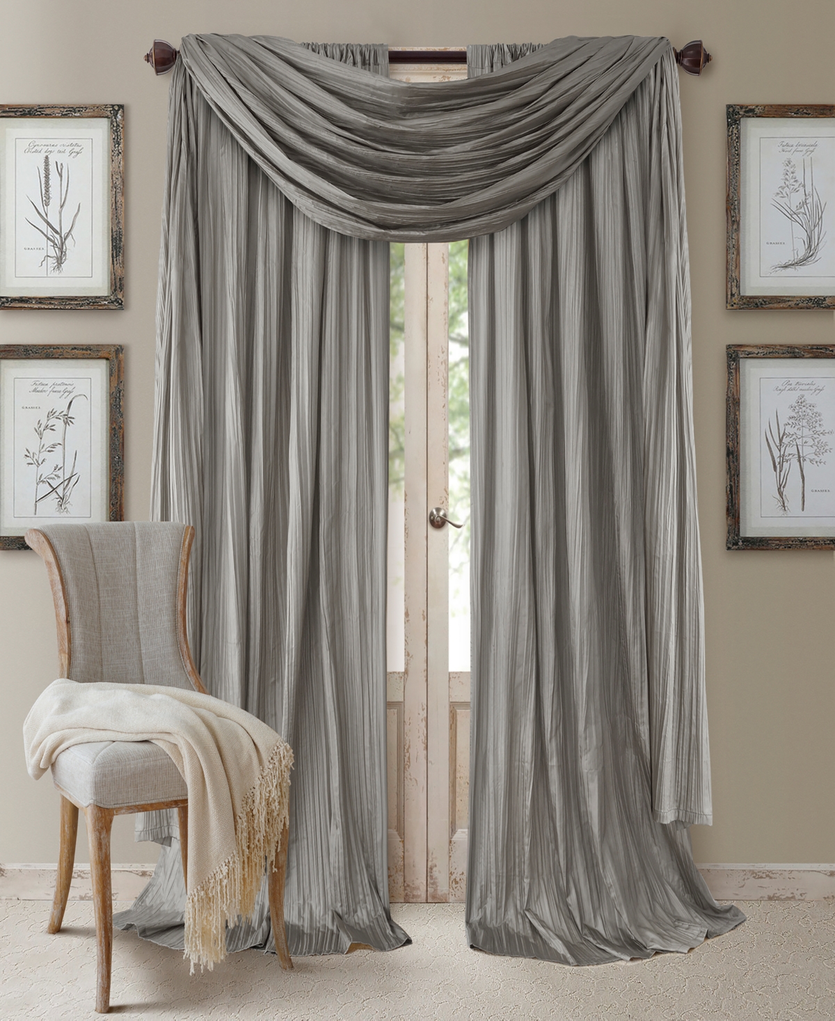 Elrene Athena Rod Pocket 52" X 84" Pair Of Curtain Panels With Scarf Valance, Set Of 3 In Sterling