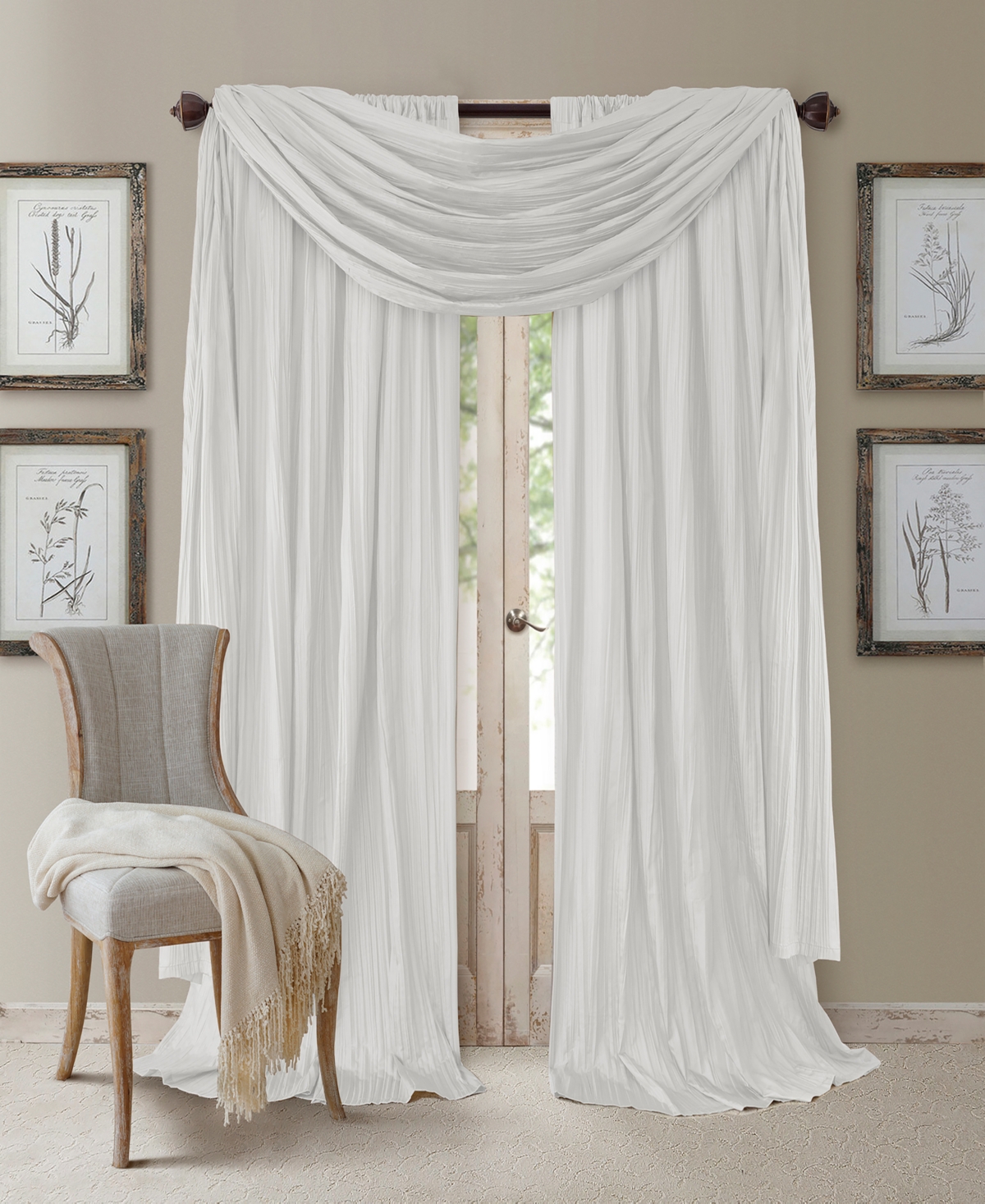 Elrene Athena Rod Pocket 52" X 84" Pair Of Curtain Panels With Scarf Valance, Set Of 3 In White