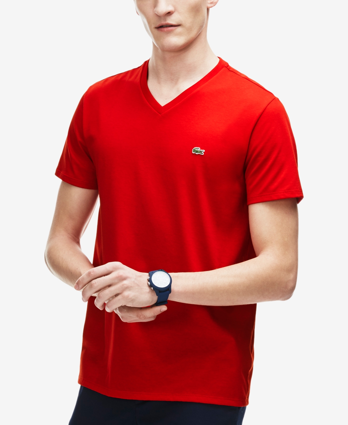 Lacoste Men's  Classic V-neck Soft Pima Cotton Tee Shirt In Red