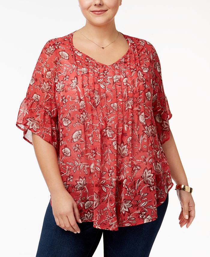 Style & Co Plus Size Printed Pintuck Ruffle-Sleeve Blouse, Created for ...