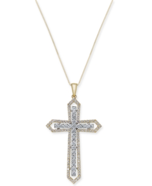 image of Diamond Two-Tone Cross Pendant Necklace (1 ct. t.w.) in 14k Yellow and White Gold