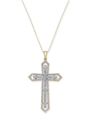Macy's Diamond Two-Tone Cross Pendant Necklace (1 ct. t.w.) in 14k ...