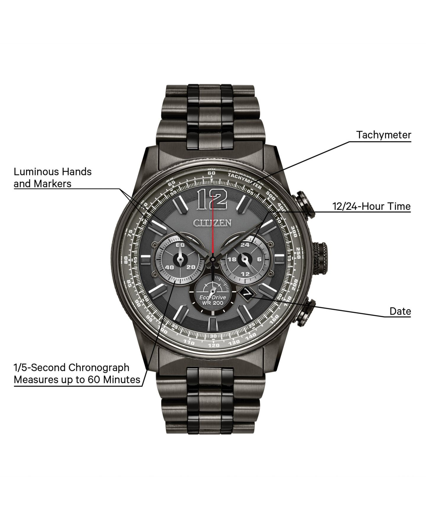 Мужские часы Citizen Eco-Drive Chronograph Nighthawk Gray Stainless Steel Bracelet Watch 43mm — фото 9