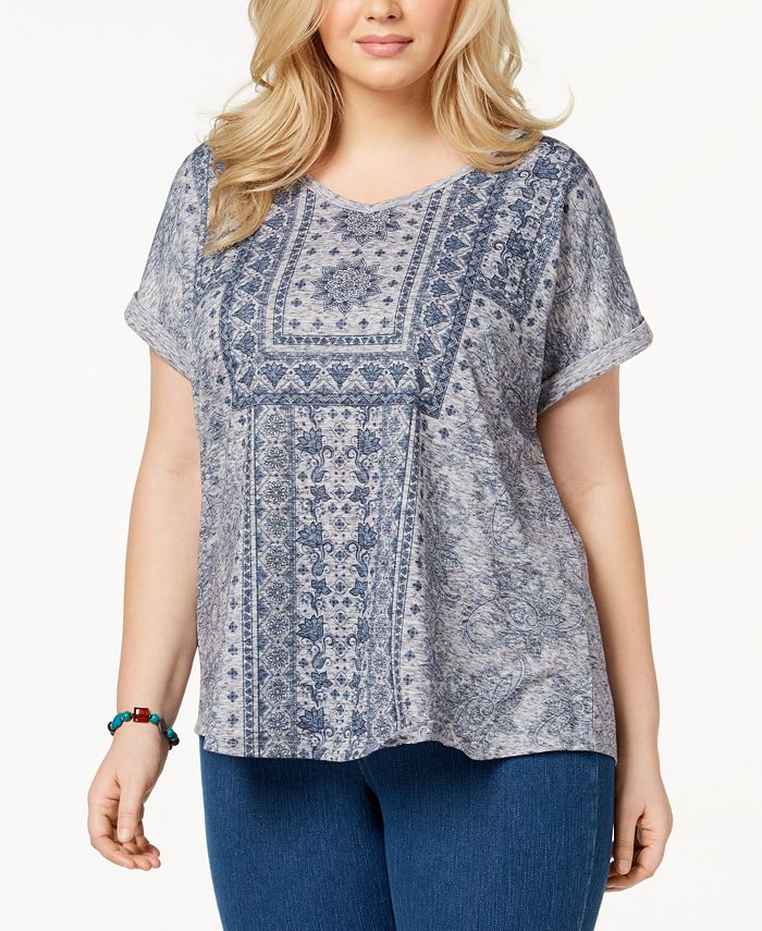 Style & Co Plus Size Printed Cuffed-Sleeve Top, Created for Macy's ...