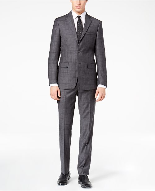 Calvin Klein Men's Slim-Fit Charcoal Windowpane Suit & Reviews - Suits ...