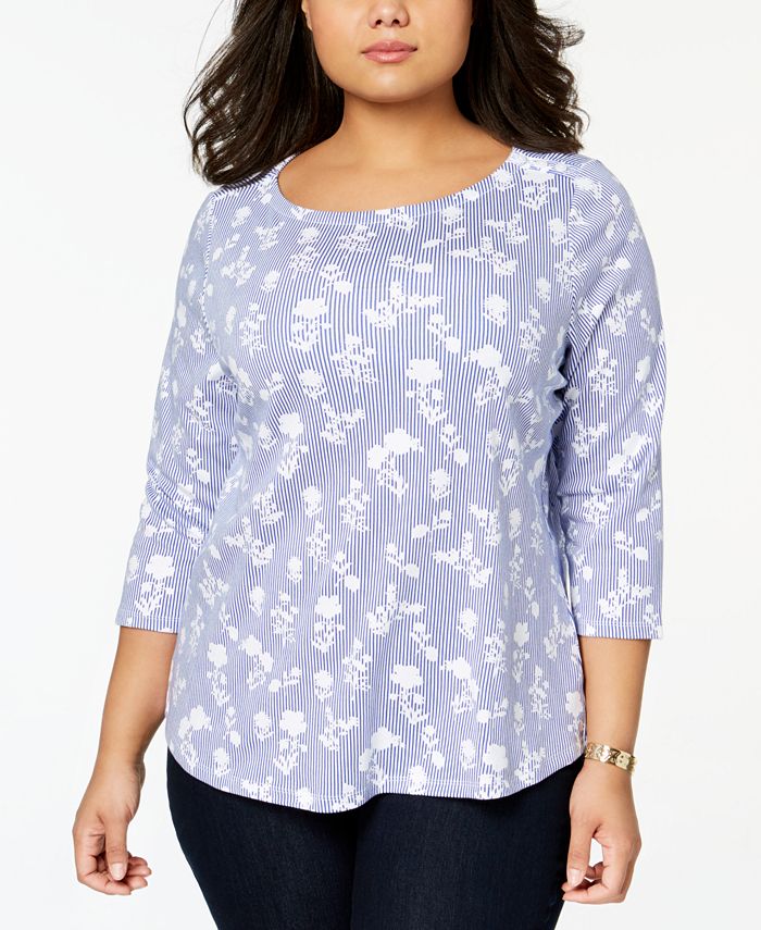 Charter Club Plus Size Cotton Printed 3/4-Sleeve T-Shirt, Created for ...