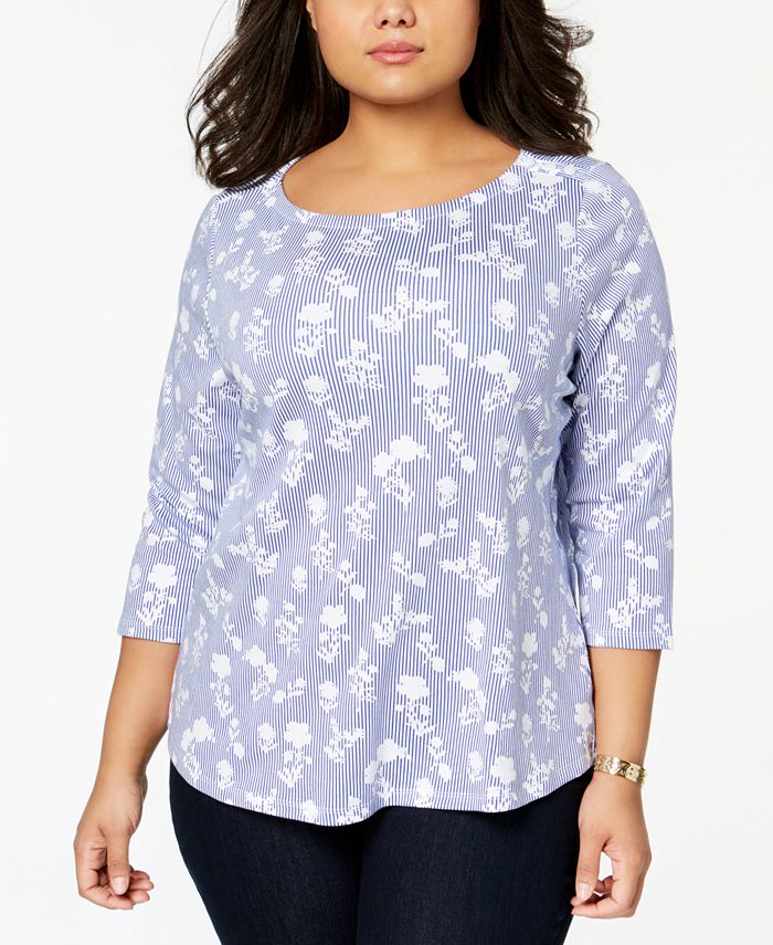 Charter Club Plus Size Cotton Printed 3/4Sleeve TShirt, Created for