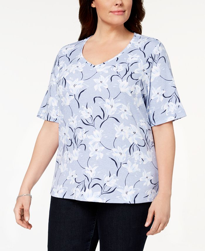 Karen Scott Plus Size Printed V-Neck T-Shirt, Created for Macy's - Macy's