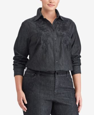 Lauren Ralph Lauren - Plus Size Embroidered Denim Cotton Shirt