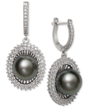 image of Black Cultured Tahitian Pearl (10mm) & Cubic Zirconia Drop Earrings in Sterling Silver
